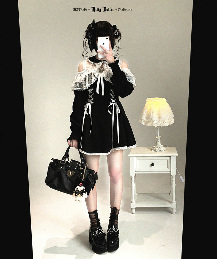 Jirai Kei Open-Shoulder Dress, Bust Lace Flounce Hem 44468:809913