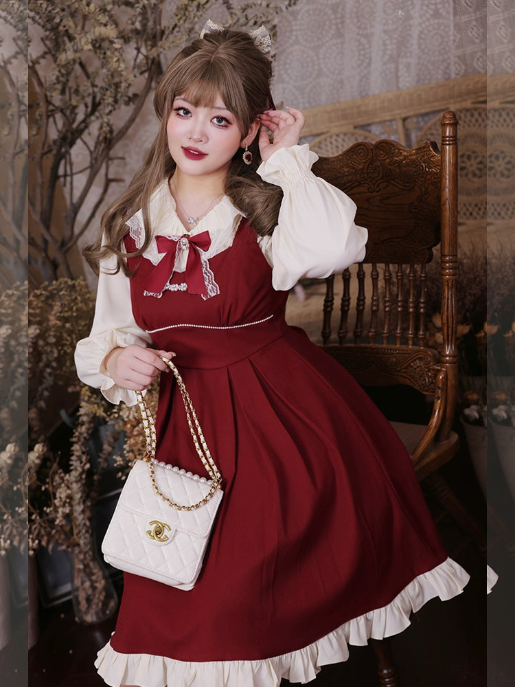 Plus Size French Retro Red Hepburn Fit Dress Set 22686:337090