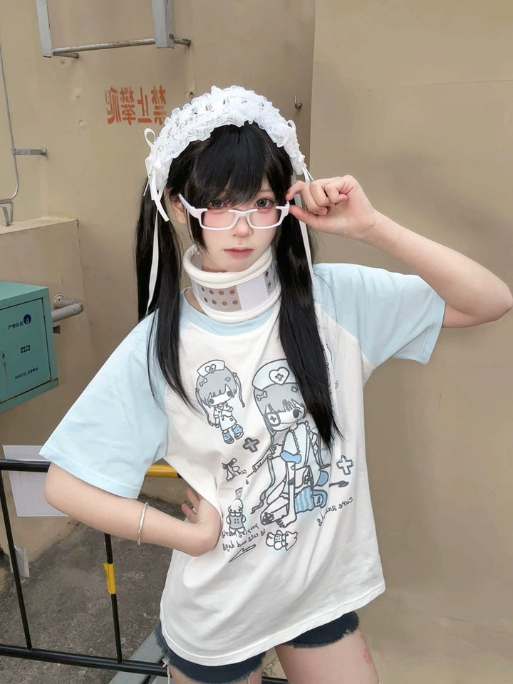 Yami Kawaii Cotton T-Shirt with Angelic Nurse Print 42852:755355