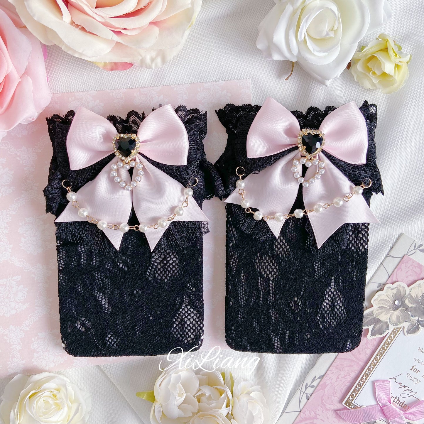 Jirai Kei Handmade Bow Pearl Heart Lolita Lace Socks 28904:326730