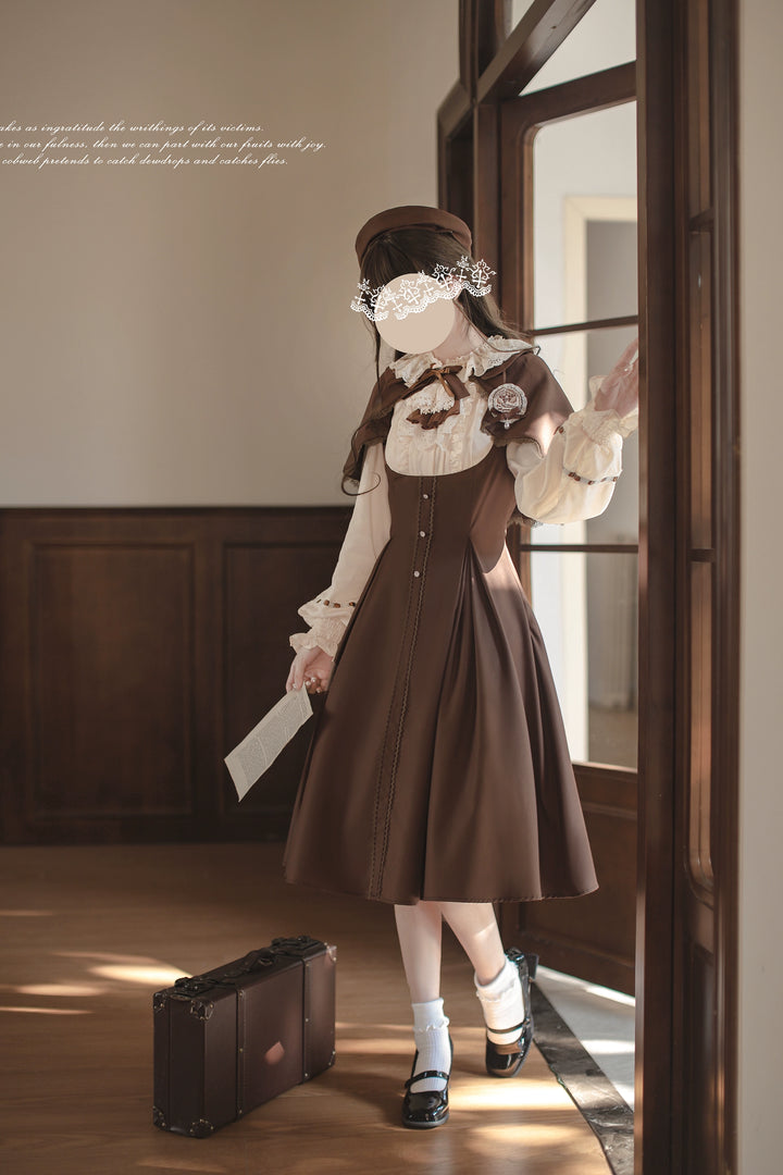 Elegant Lolita Brown and Beige OP Dress Set 44124:797966