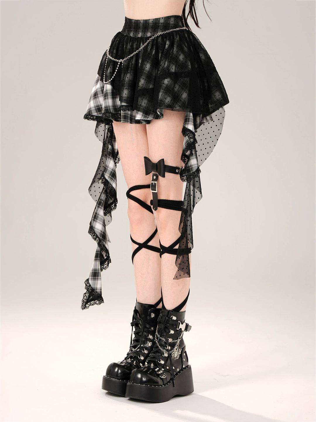 Gyaru Skirt Black Plaid Irregular Polka Dot Mesh Skirt 41996:721978