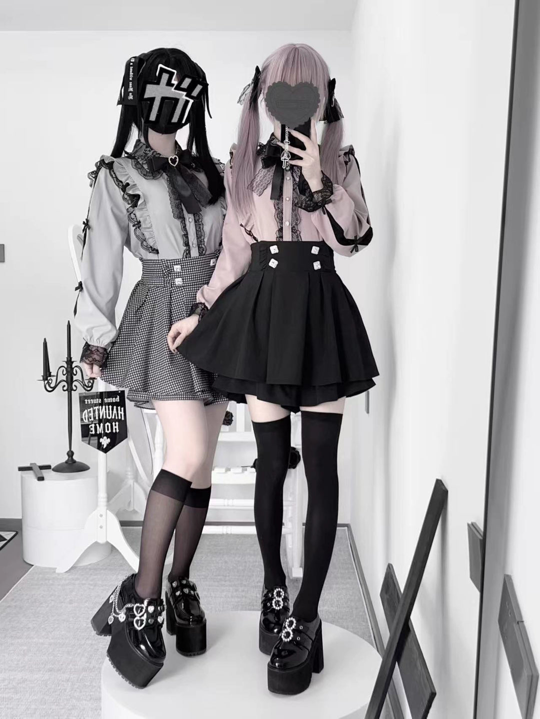 Jirai Kei Lace Blouse Outfit, High-Waist Skirt (L M S) 43813:789588