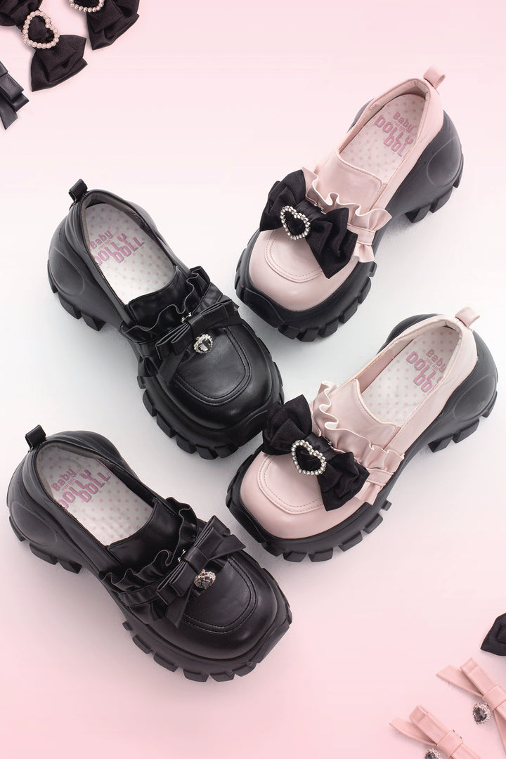 JK Uniform Pink Black Platform Shoes With Bow Ties 21892:331924 21892:331924