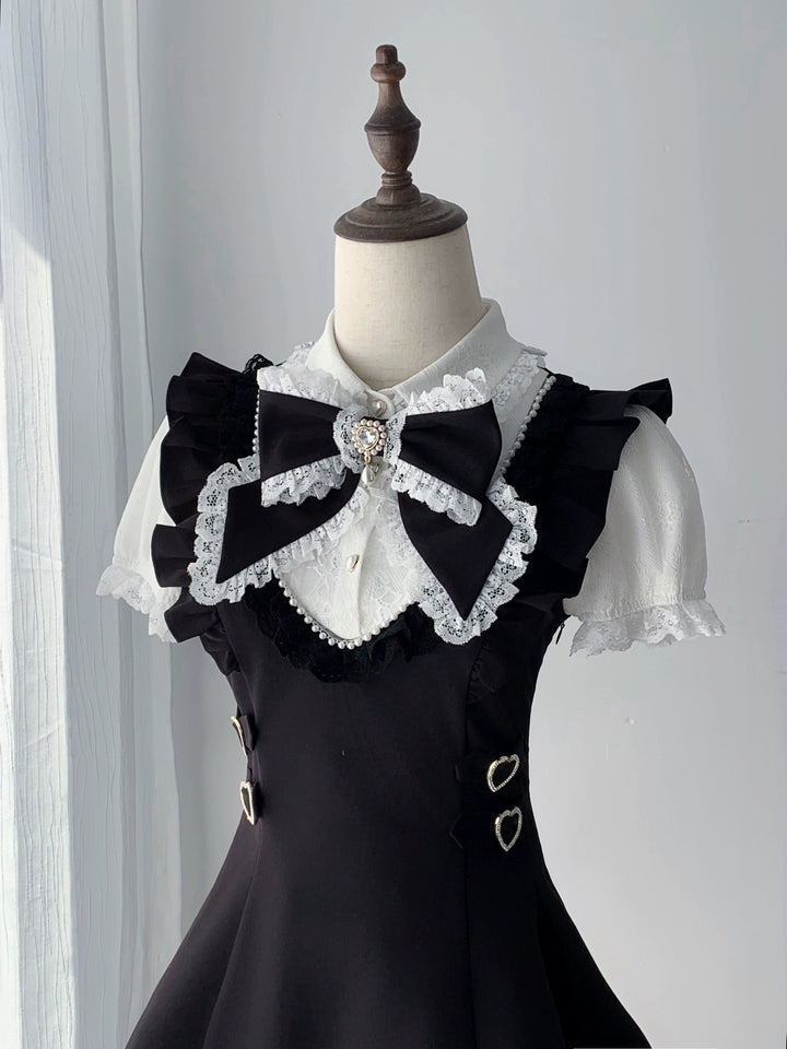 Black Jirai Kei Dress, Pearl Neckline and Lace Trim 45557:855418