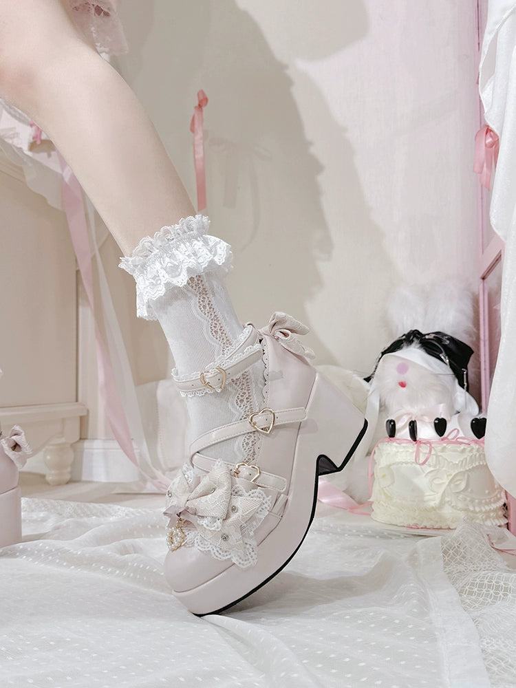 Jirai Kei Platform Shoes, Lace Bow Details, Chunky Heel 43445:778181