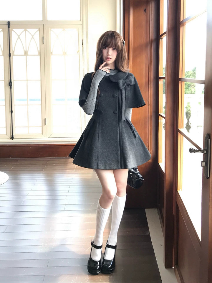 Autumn Cape Style Waist-Cinched Coat, Polka Dot Blouse 46011:872030