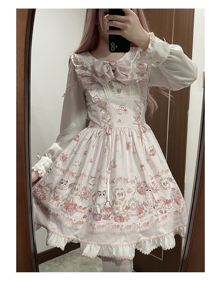 Kawaii Ryousangata Dress Long-sleeved Cat Printed OP Dress 40560:664802