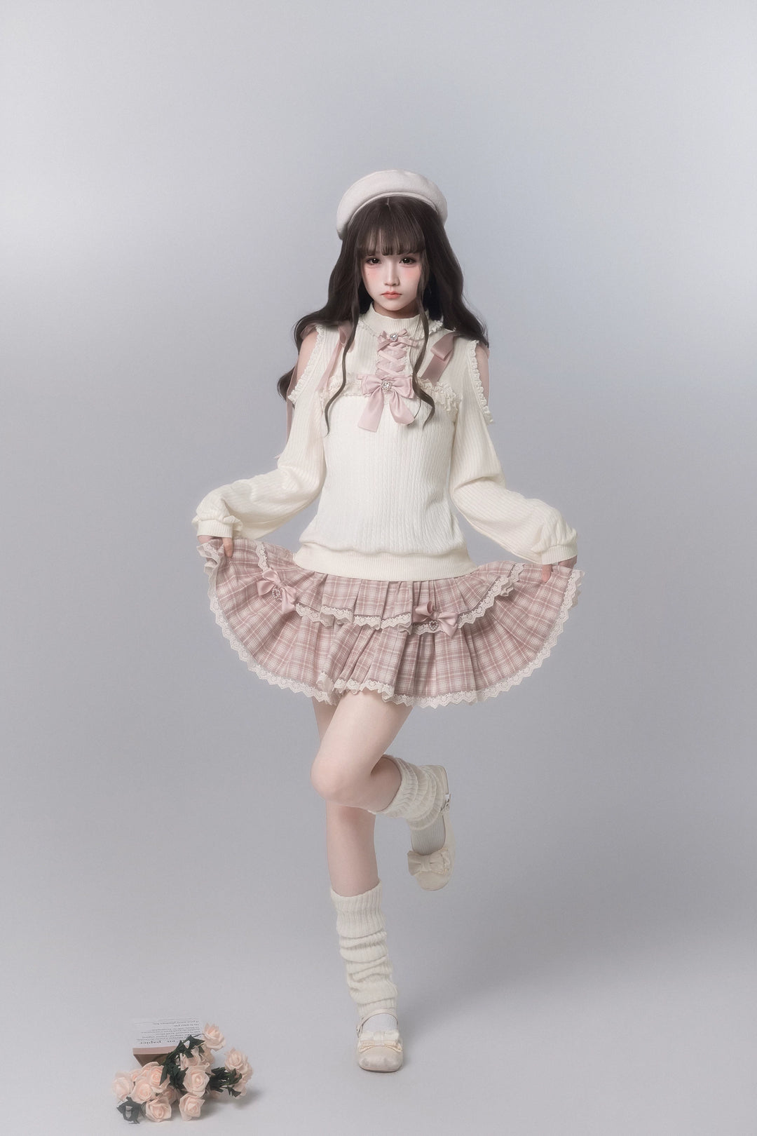 Ryousangata Open-Shoulder Sweater, Tiered Plaid Skirt 44776:824063