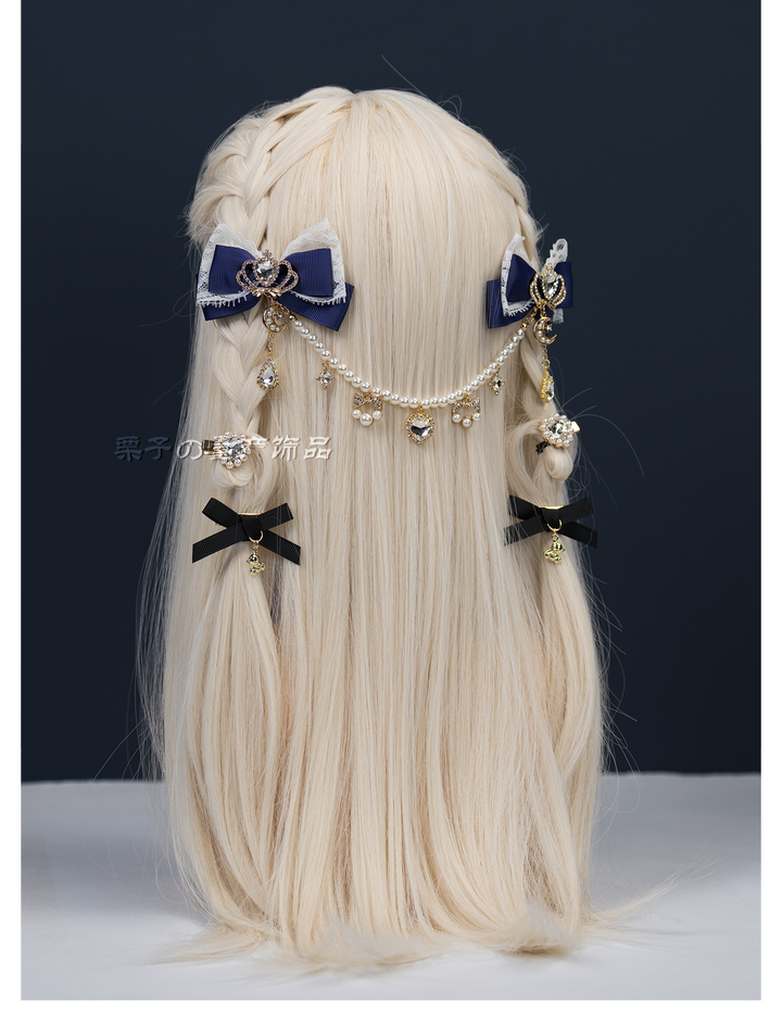 Jirai Kei Bow Hair Clips, Rhinestone Crown and Pearl Chain 44194:802735
