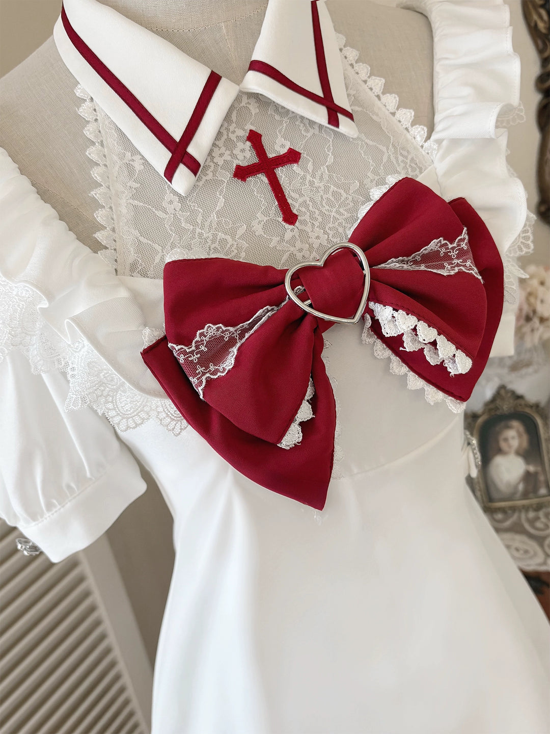 Red and White Yami Kawaii Dress, Lace Halter Neck 43725:783581