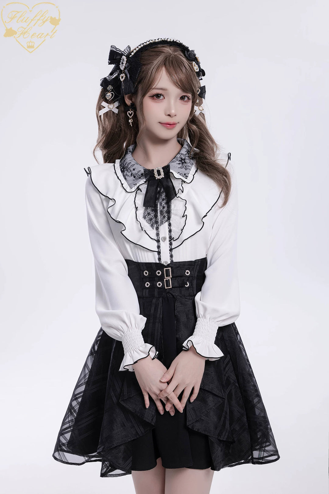 Jirai Kei Long-Sleeved Shirt, Ruffled Collar 45128:835590