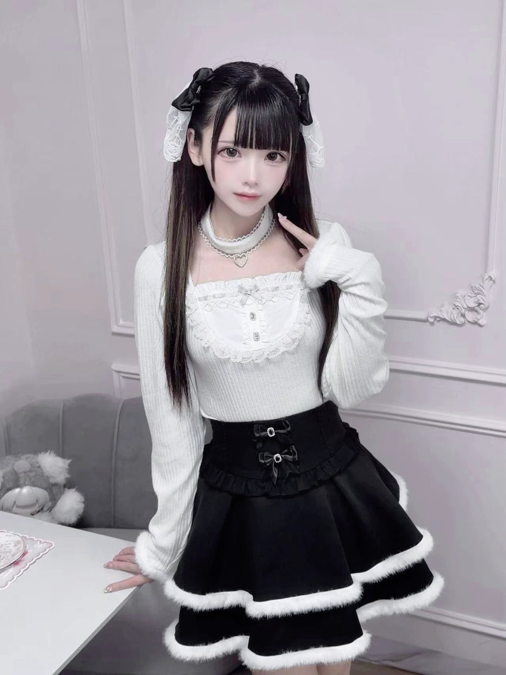 Jirai Kei Black/White Sweater Top with Choker 46104:875353