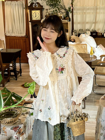 Mori Kei Blouse Flower Embroidery Shirt Anti-aging Top 36218:524582