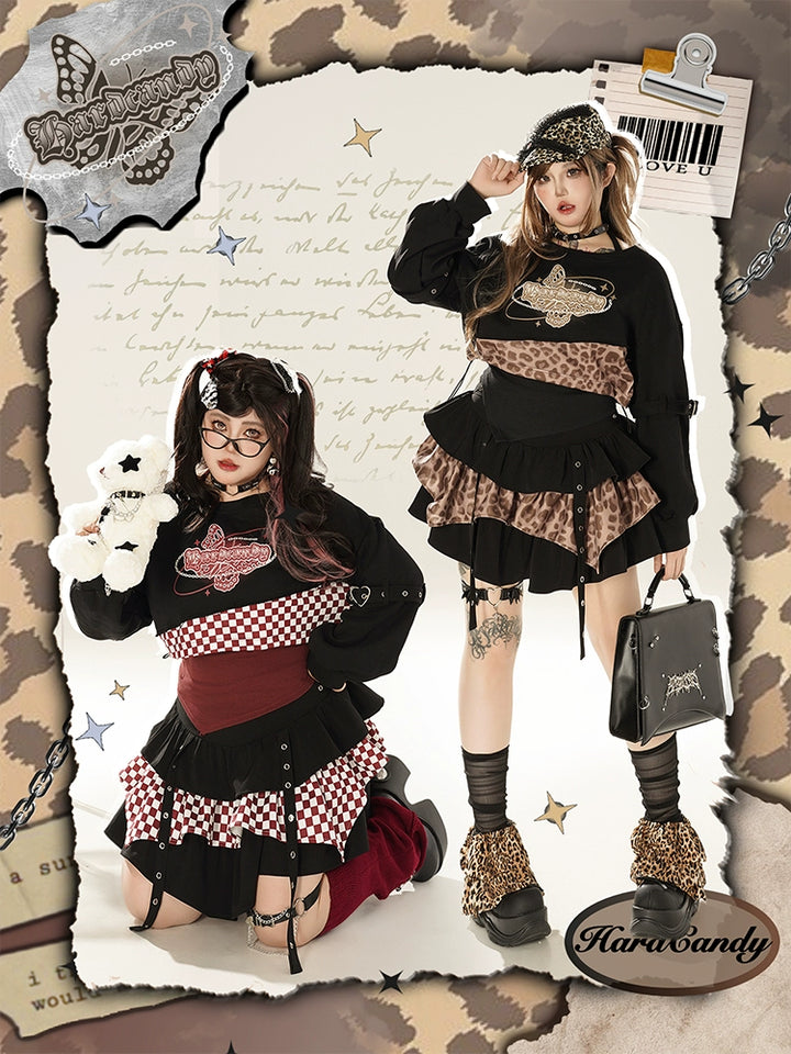 Plus Size Gyaru Outfit Set Leopard Plaid Skirt Set 39400:627854