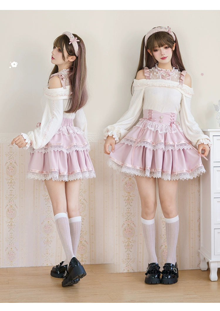 Jirai Kei Sweater Open-shoulder Sweater Pink Tiered Skirt 39408:628060