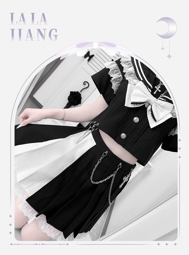Lace Sailor Collar Gothic Skirt Suit, Detachable Waist Chain 43626:781392