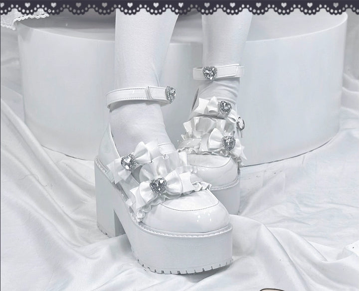 Jirai Kei Platform Shoes with Heart Rhinestone and Ruffle Trim Bow 41582:704372