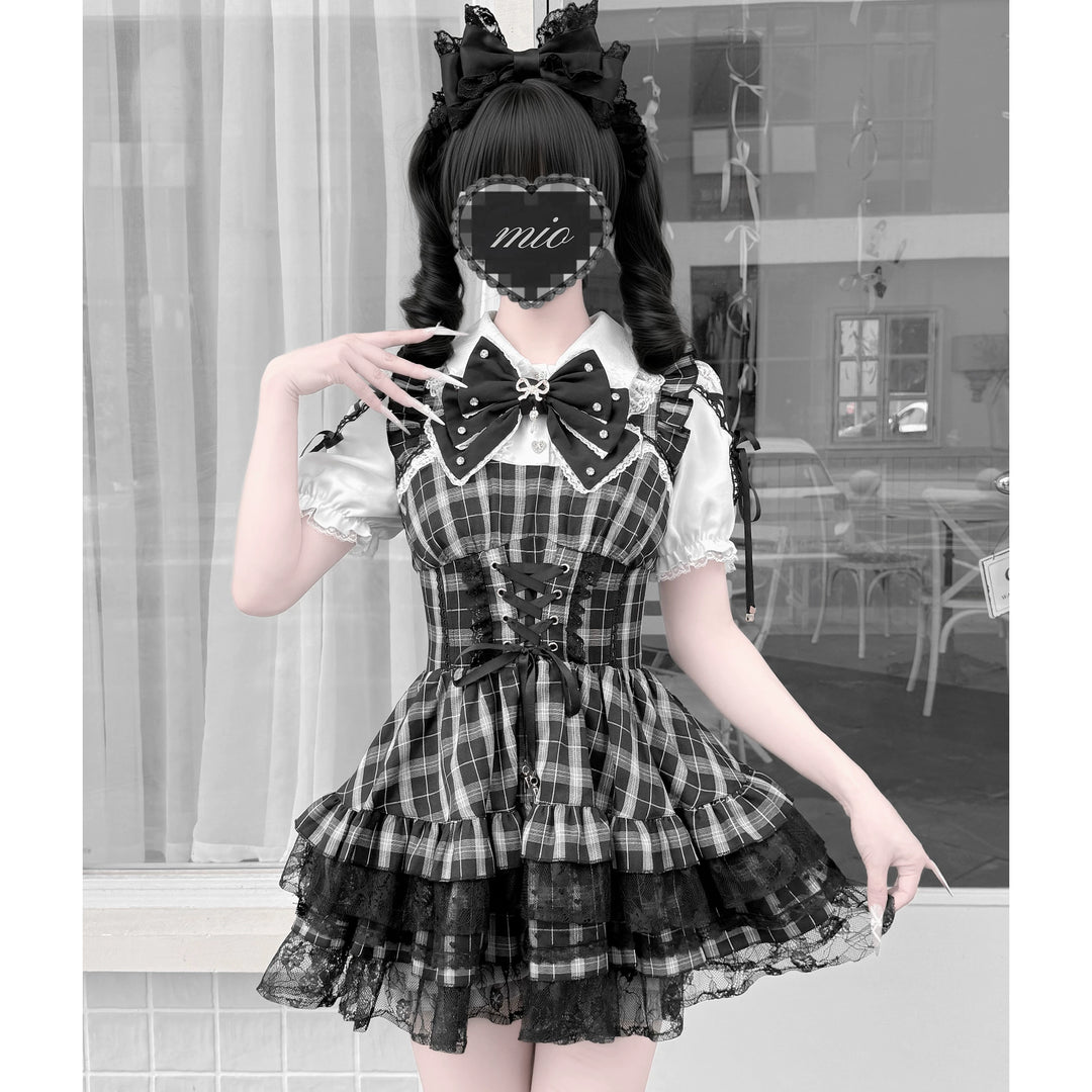 Jirai Kei Lace Plaid Dress Set, Detachable Rhinestone Bow 45700:860701