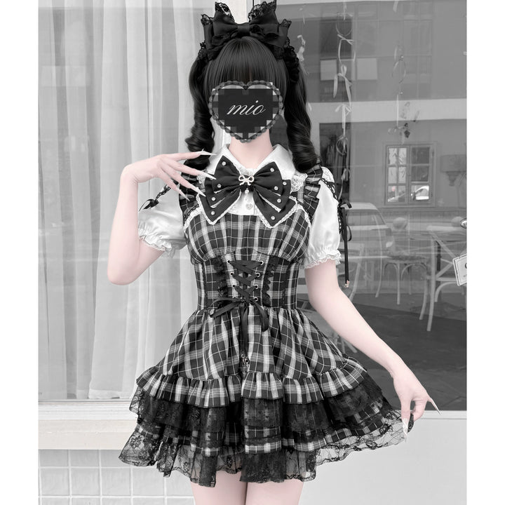 Jirai Kei Lace Plaid Dress Set, Detachable Rhinestone Bow 45700:860701