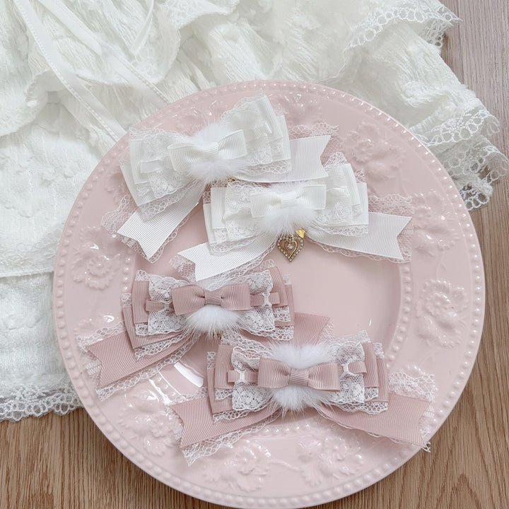 Jirai Kei Layered Bow Hair Clip, Soft Pom-pom 45566:855089