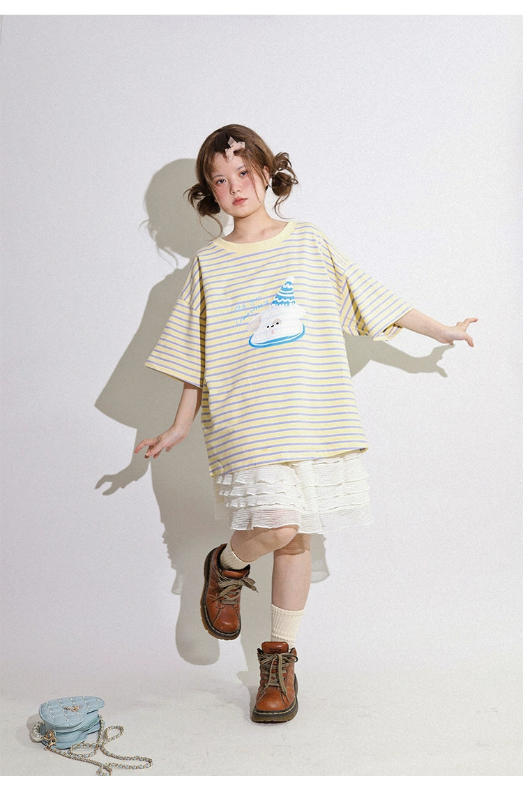 Kawaii Aesthetic Shirt Striped Short Sleeve Cotton Top 36562:518548