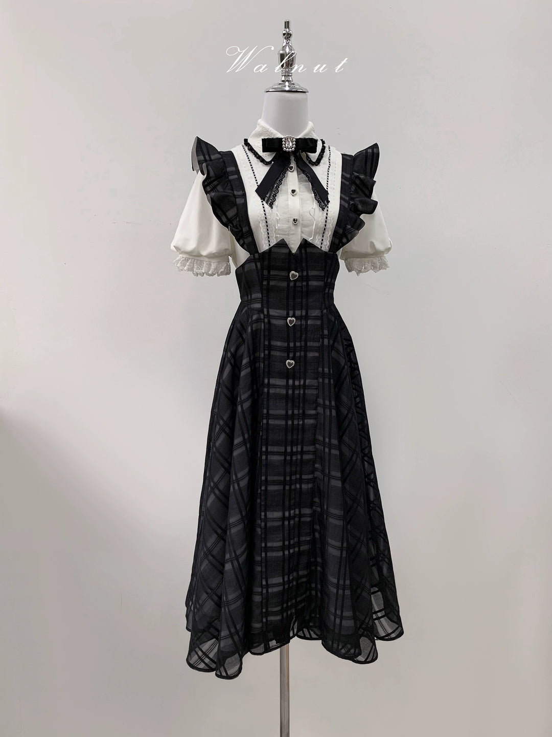Black Jirai Kei Plaid Suspender Skirt Set with White Blouse 42918:757785