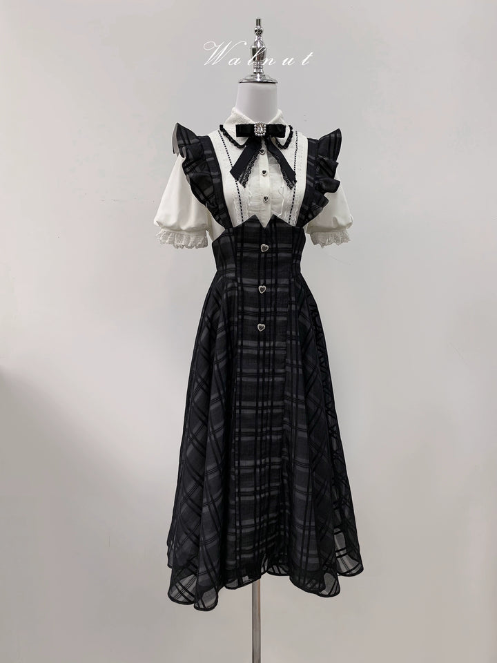 Black Jirai Kei Plaid Suspender Skirt Set with White Blouse 42918:757785
