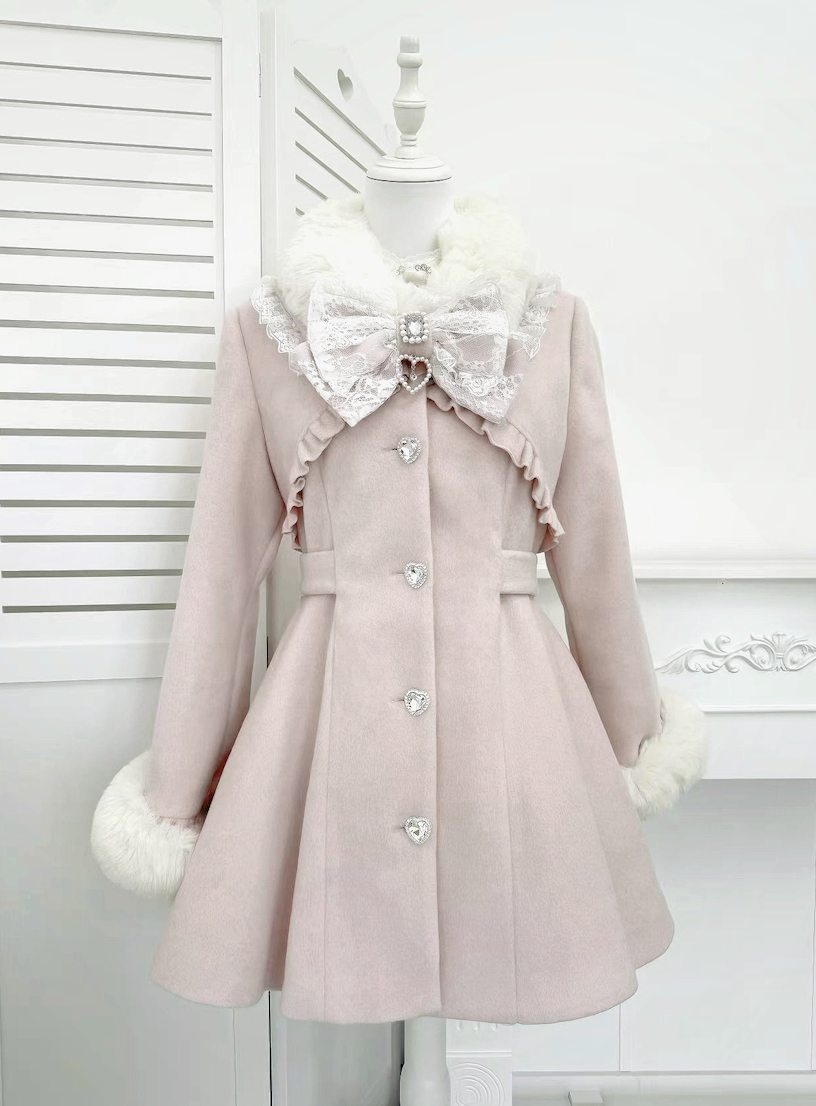 Fluffy Trim Ryousangata Winter Coat, Rhinestone Accents (Pink / L M XL) 44200:800842