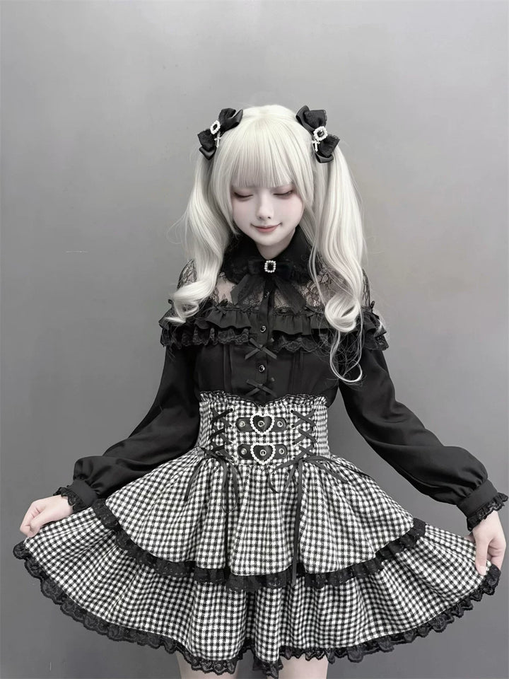 Black Jirai Kei Blouse, Lace Shoulder Design 44679:818781