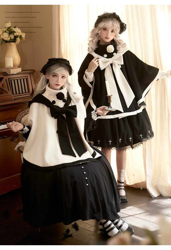 Elegant Lolita Winter Coat Black and White Camellia Cape 40284:658246