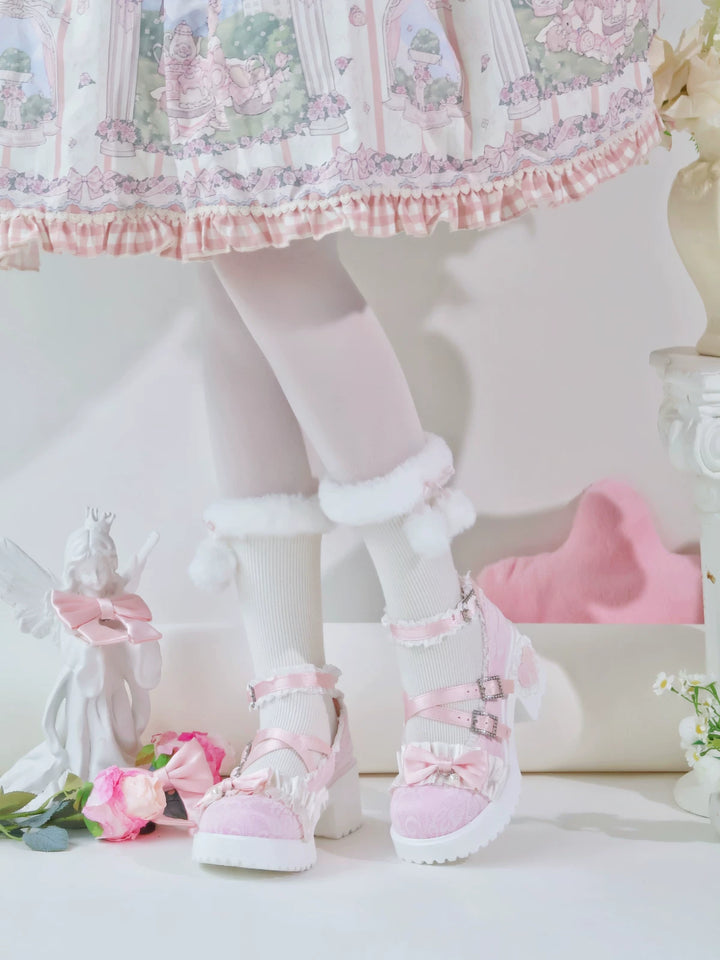 Classic Lolita Mary Jane Shoes, Lace Tulle & Ribbon Bow 46012:873455