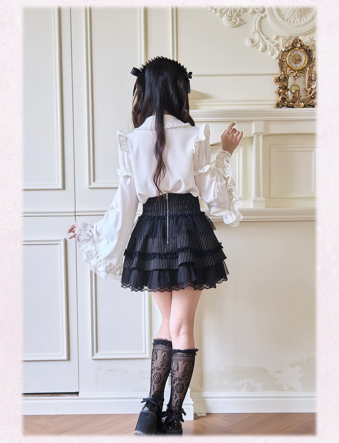 Ruffle Jirai Kei Blouse with Detachable Princess Sleeves And Bow 42522:744298