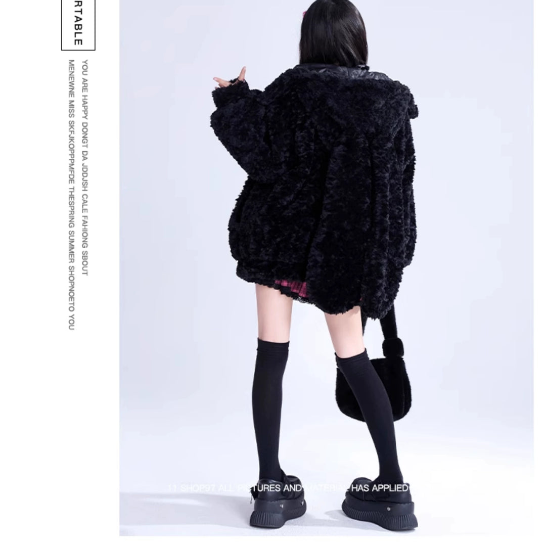 Jirai Kei Coat Black Plush Hooded Winter Coat Bunny Ear Coat 32396:384240