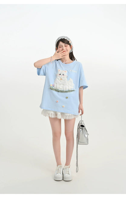 Kawaii T-shirt Short Sleeves Cotton Top Patch Embroidery 35896:559594