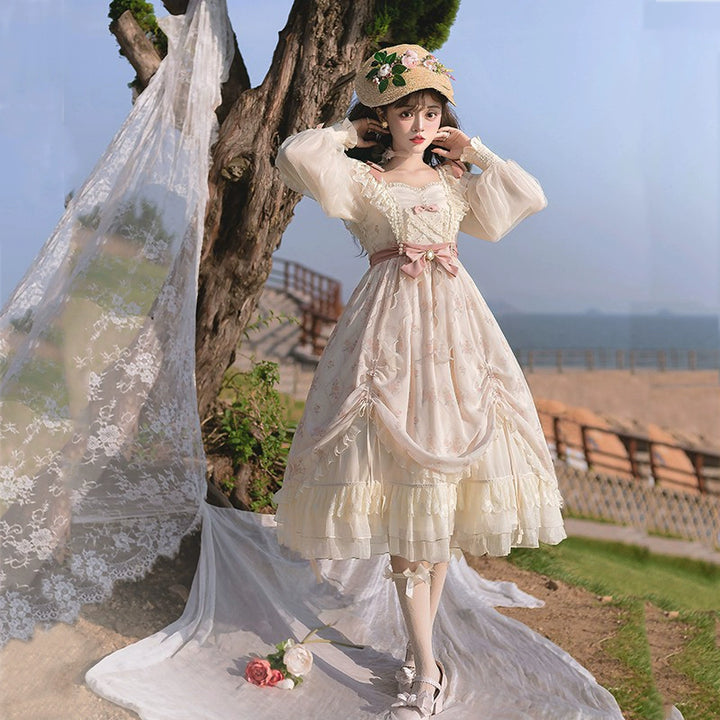 Elegant Lolita Dress Cottagecore Dress Long-Sleeved Beige Dress (L M S / OP) 36470:515876 (L M S / OP) 36470:515876