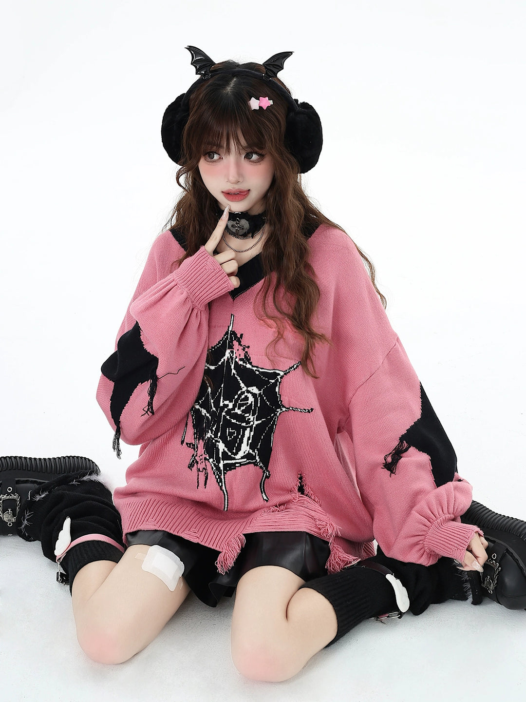 Black Pink Sweater Star Knit V-neck Pullover Sweater 32462:423416