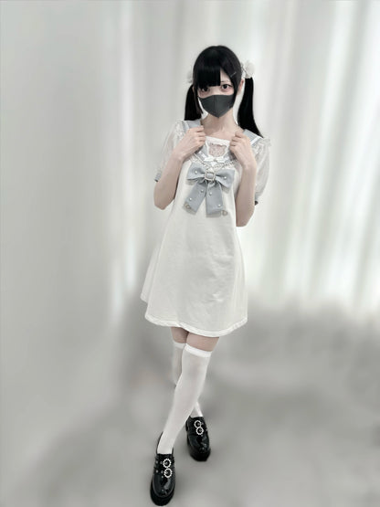 Jirai Kei Dress Pearl Embroidered Dress Short Sleeve Dress 37648:568062