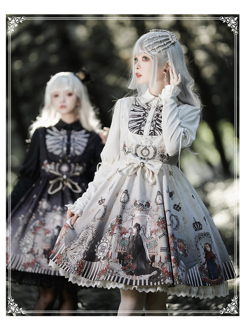 Gothic Lolita Dress Set Black White Lolita Blouse Dress Set 35536:495634