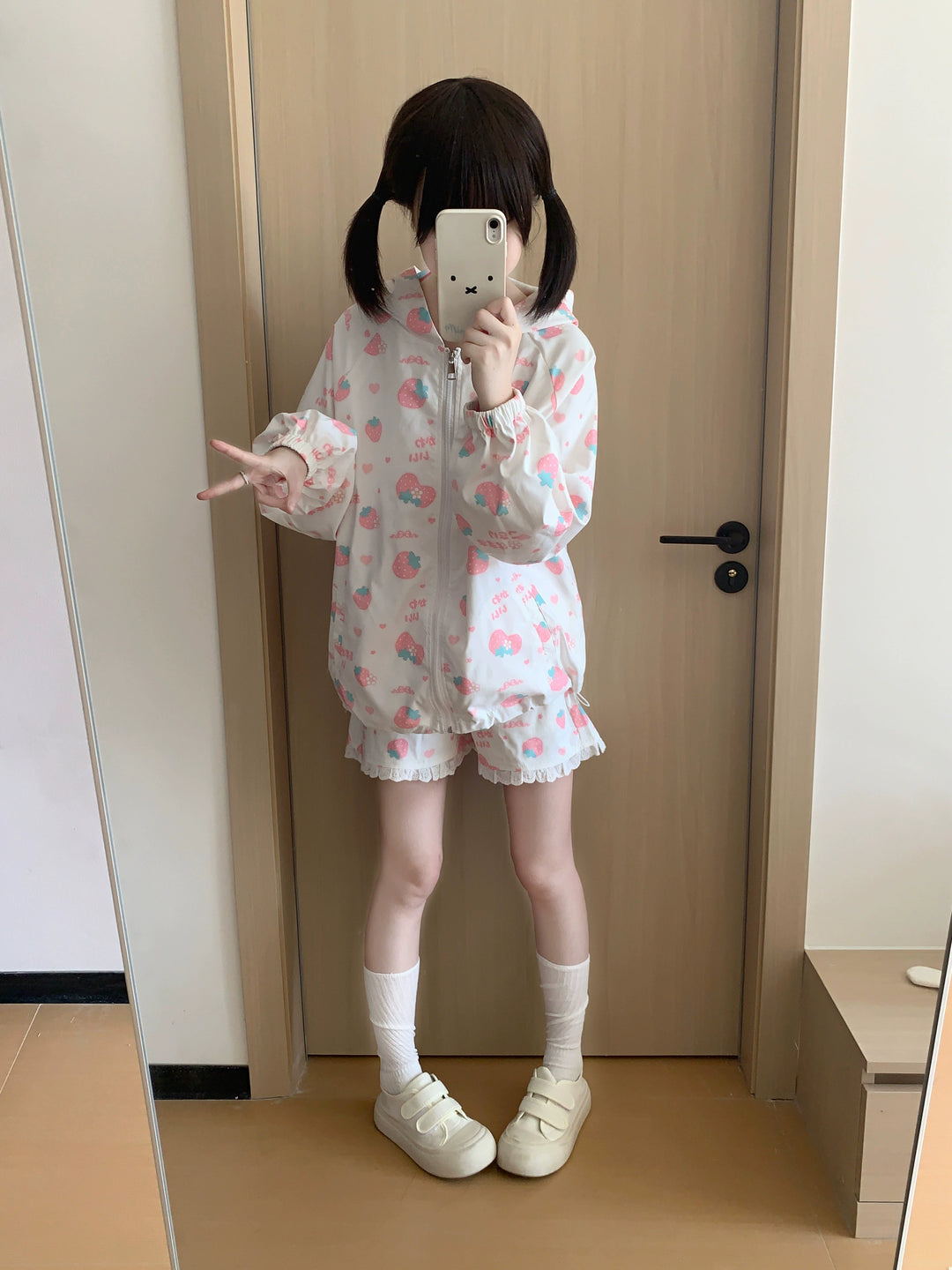 Kawaii Bunny Ears Jacket Set With Strawberry Bunny Prints 42900:760359