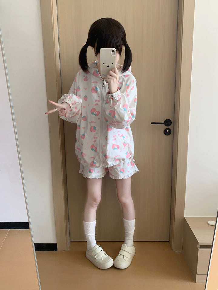 Kawaii Bunny Ears Jacket Set With Strawberry Bunny Prints 42900:760359