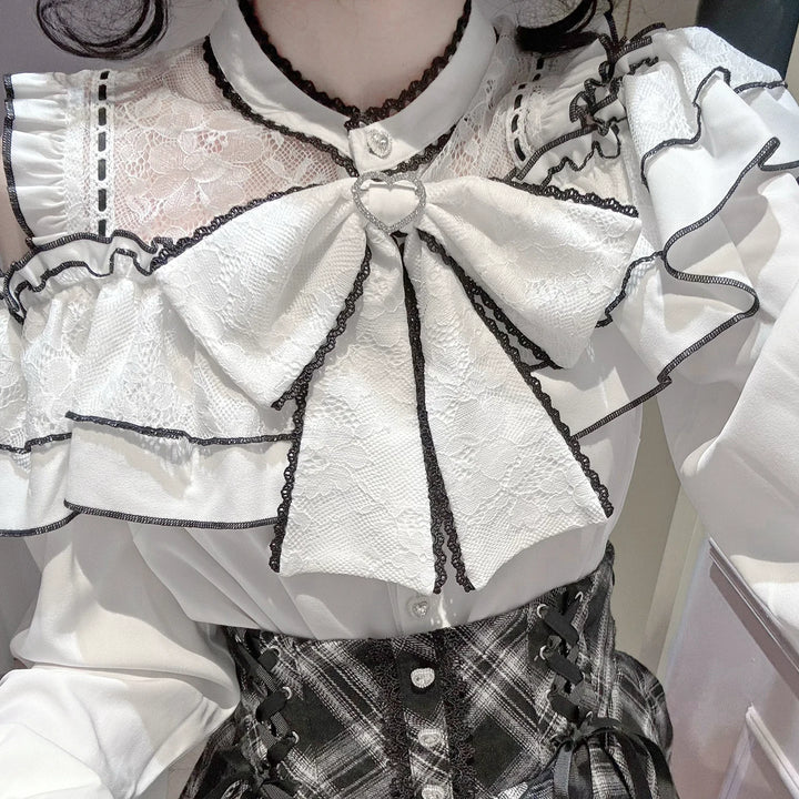 Jirai Kei Plaid Skirt, Ruffled Neckline Chiffon Blouse (2XL 3XL 4XL L M S XL) 45935:868713