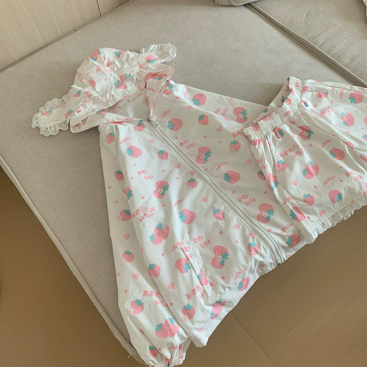 Kawaii Bunny Ears Jacket Set With Strawberry Bunny Prints 42900:760355