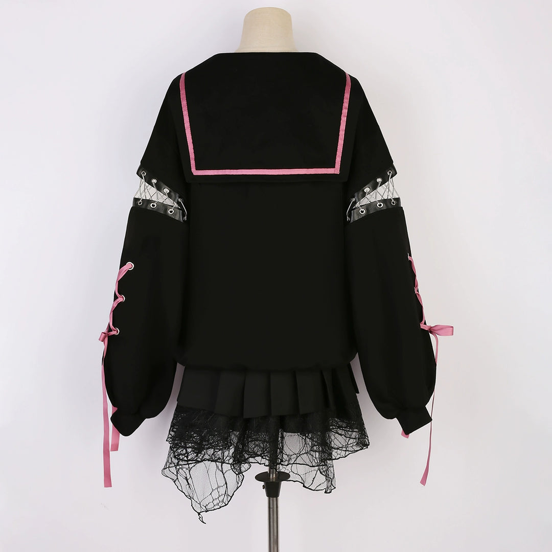 Jirai Kei Outfit Set Gothic Sailor Collar Sweatshirt Set 35762:517424 35762:517424