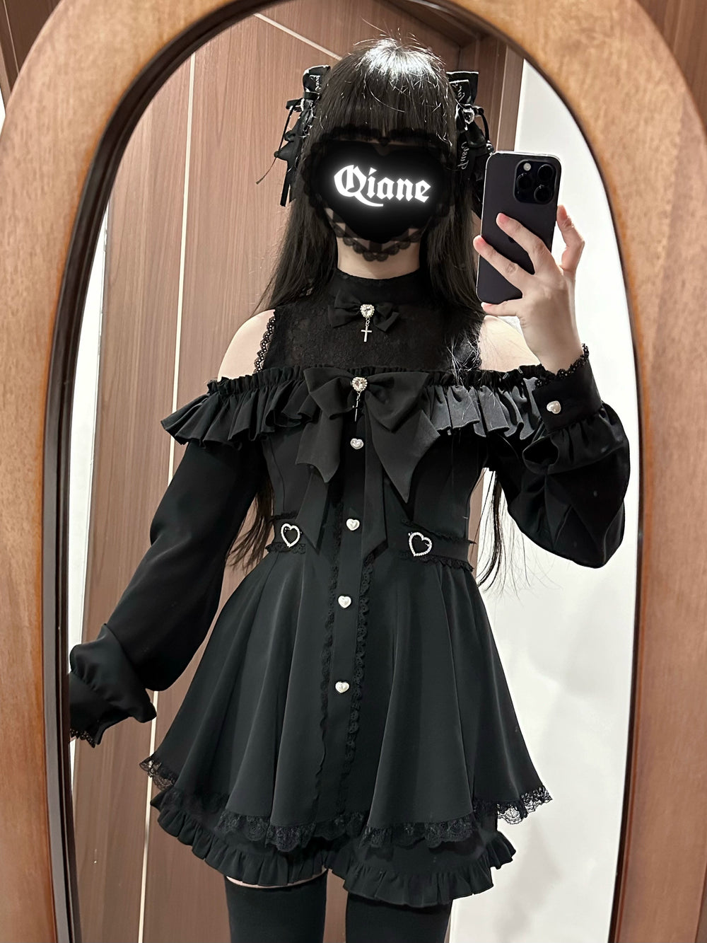 Jirai Kei Dress Set, Open-Shoulder Dress, Lace Patchwork (Black / 2XL 3XL 4XL L M S XL XS) 41552:703512