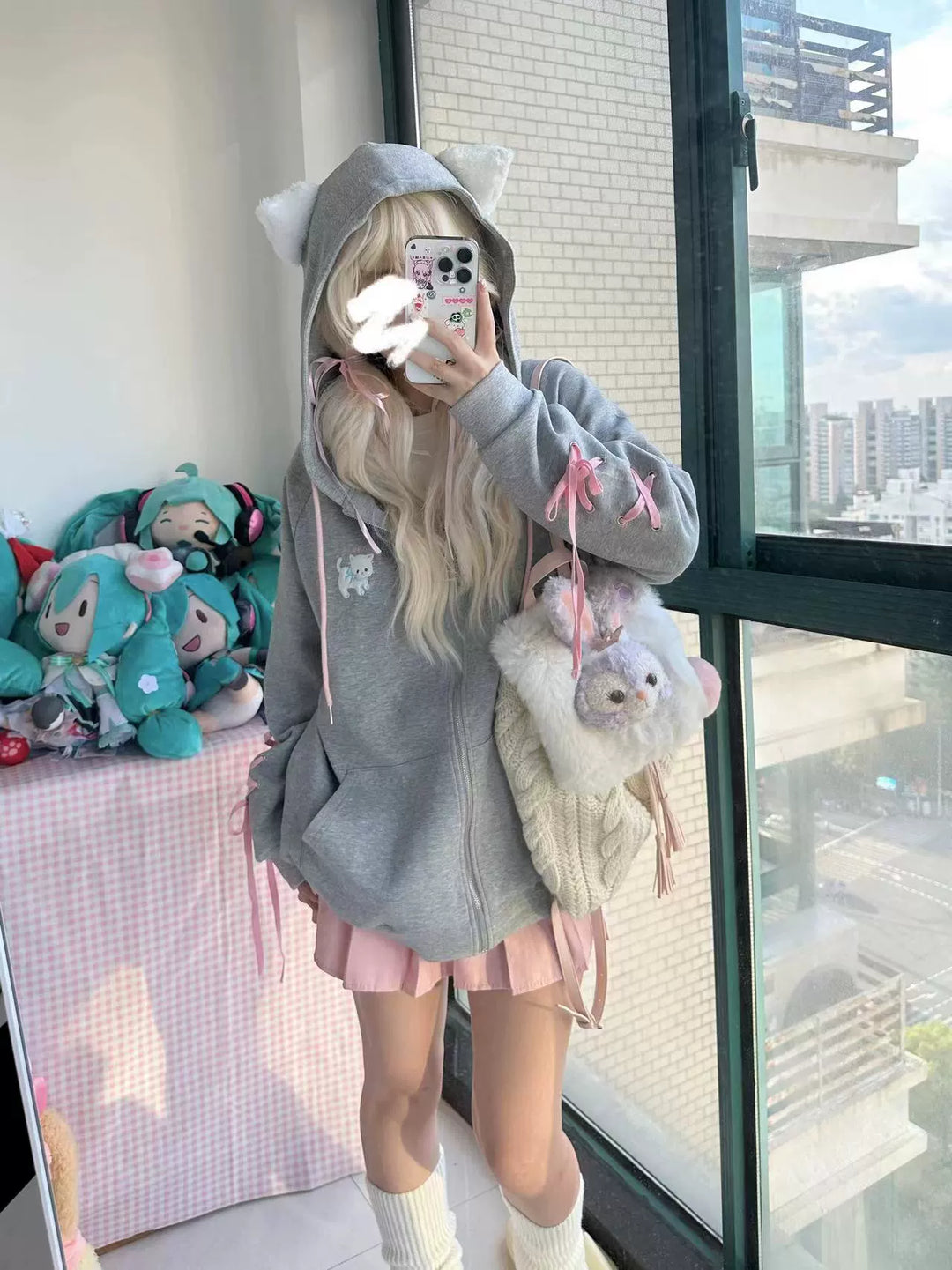 Kawaii Coat Cat Ear Hood Grey Jacket With Pink Ribbons 39708:637864