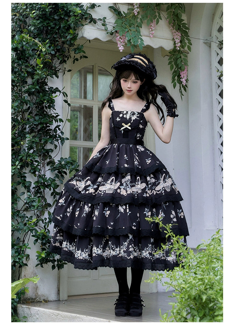 Classic Lolita Dress Twins Cottagecore Embroidery Tiered Dress 39470:641132