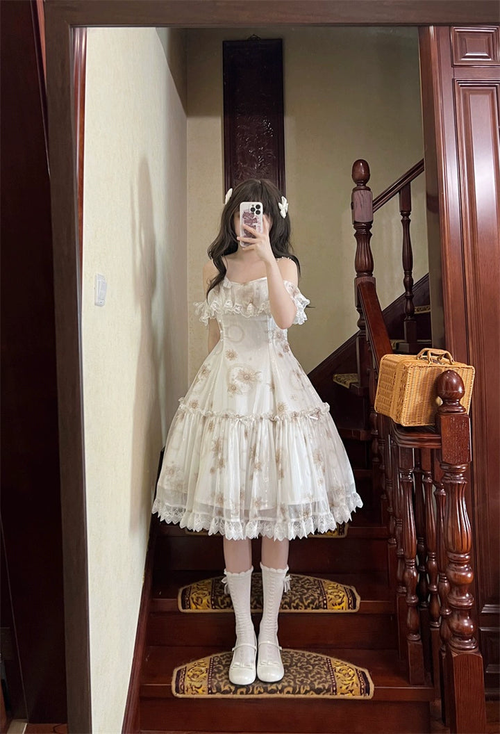 Lolita Dress Sunflower Print JSK White Strap Lolita Dress 36480:545960