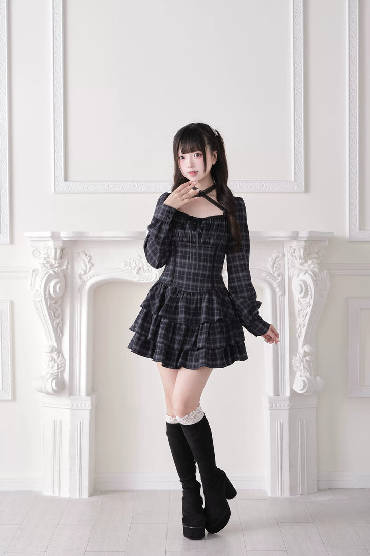 Jirai Kei Halter Neck Dress, Tiered Ruffles 44688:819250