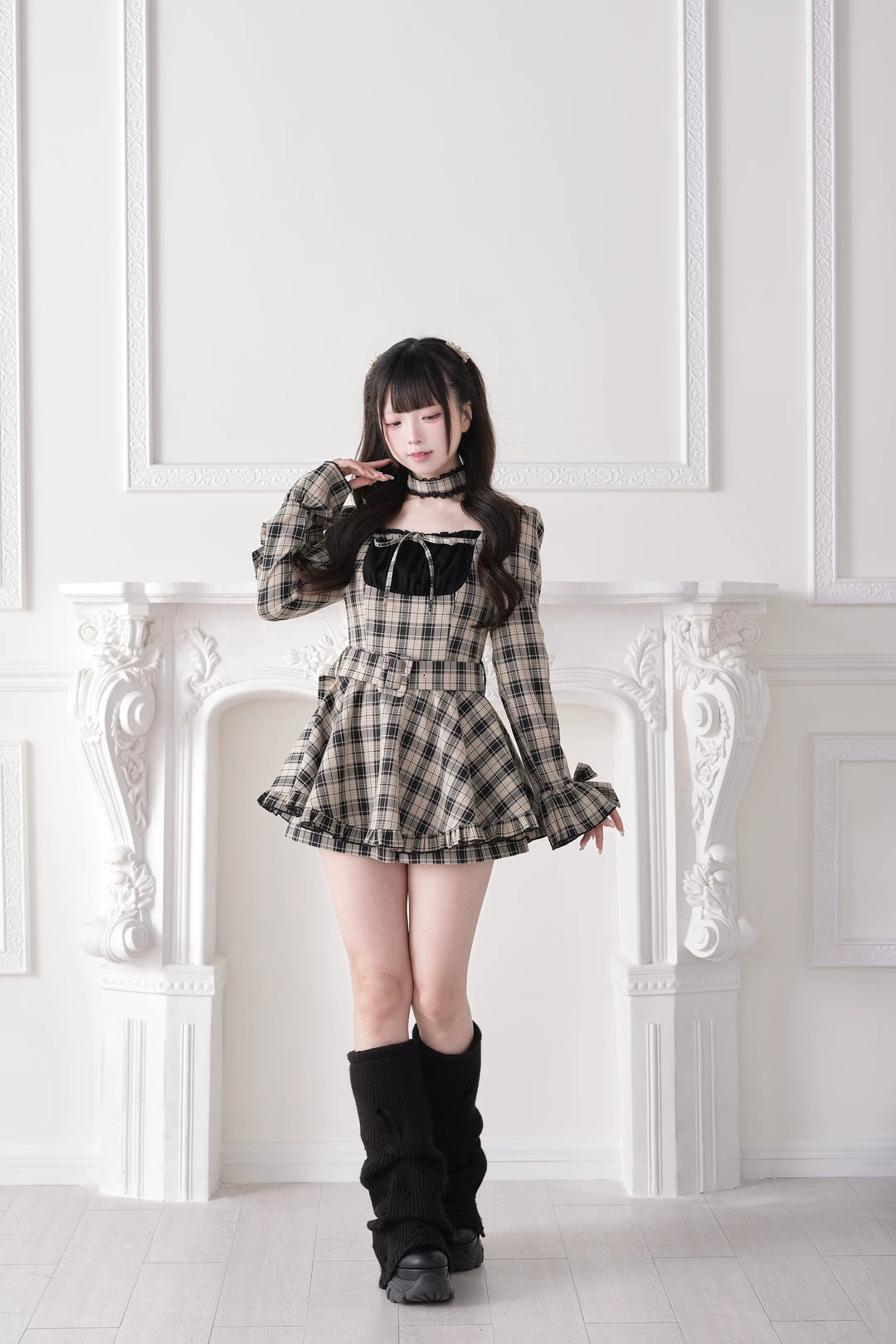 Jirai Kei Plaid Dress and Shorts Set, Lace Trim Choker 44689:819258